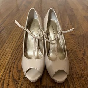 Audrey Brooke nude patent T-Strap peep toe heels